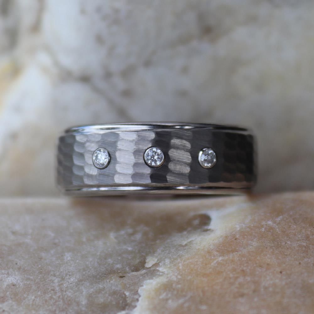 Tungsten & Diamond Men's Wedding Ring with Bark Finish — 9