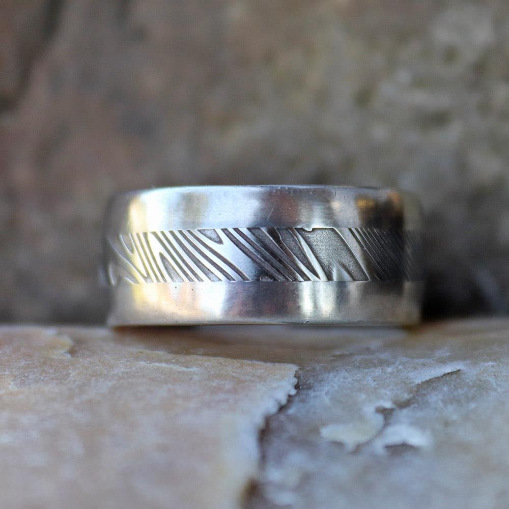 Damascus JET Wide Wood Grain Men’s Ring #2 by Andrew Nyce — 8.5