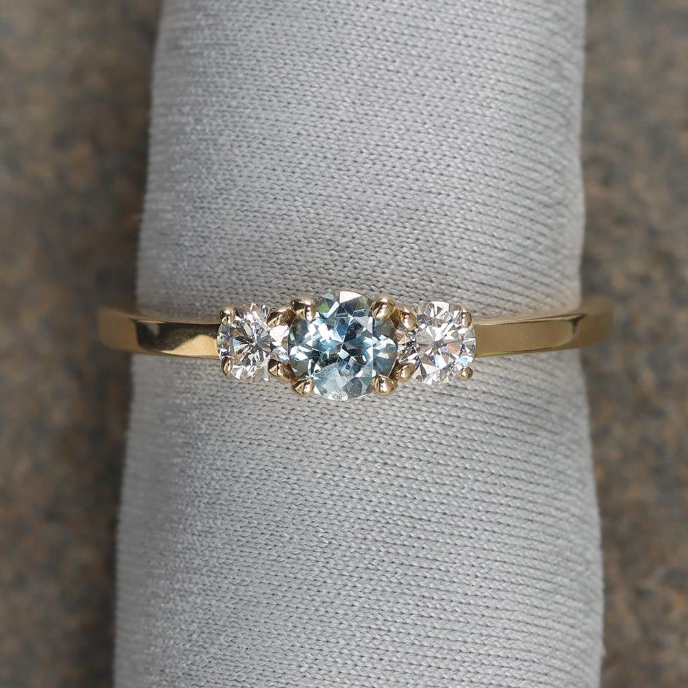 Montana Blue Sapphire Ring / 14K Yellow Gold Ring / Three Stone Moissanite Engagement Ring / Blue Sapphire selling With Moissanite Wedding Ring