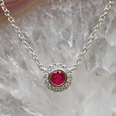 Classic Ruby Diamond Halo Necklace in 14k White Gold
