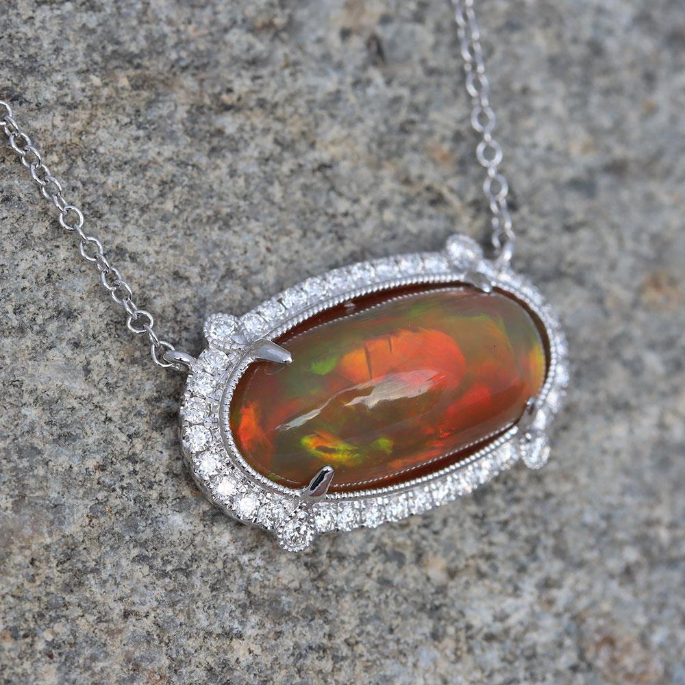 Glowing Opal & Diamond Halo Necklace in 14k White Gold