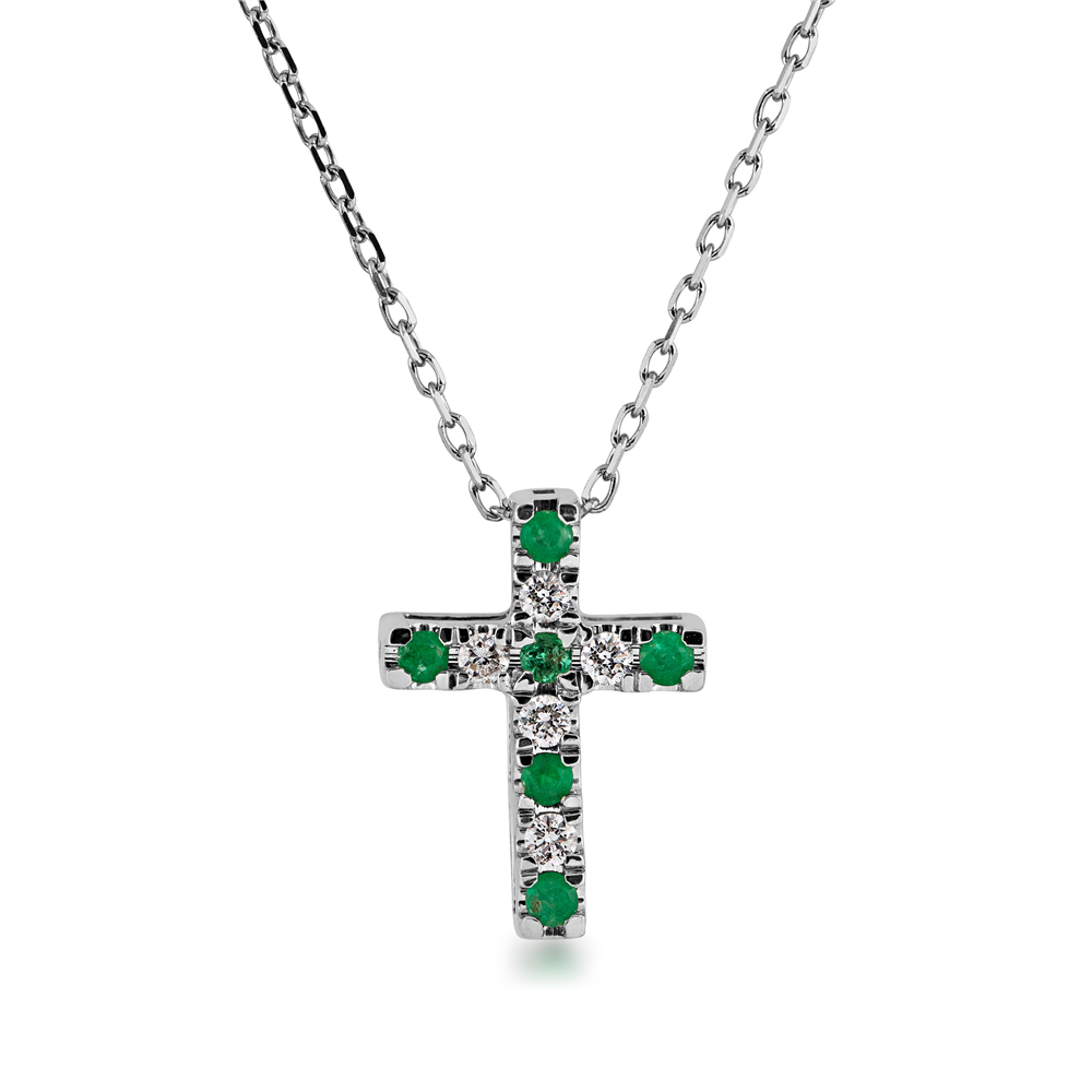 Emerald & Diamond Cross Necklace in 14k White Gold