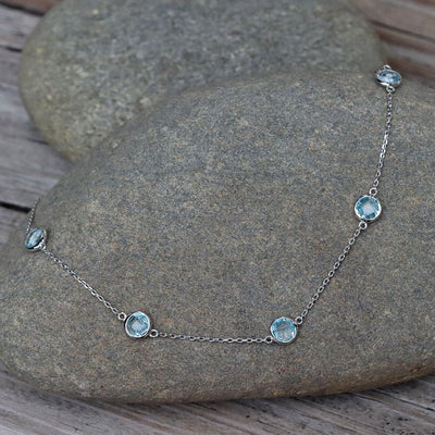 Bejeweled Blue Topaz Station Necklace in Sterling Silver