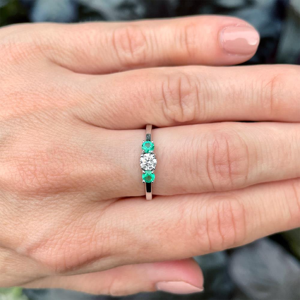 Petite Diamond & Emerald Three-Stone Ring in 14k White Gold