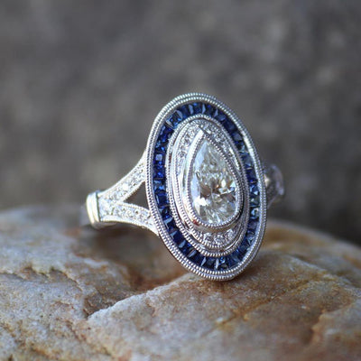 Stately Pear Diamond and Blue Sapphire Ring