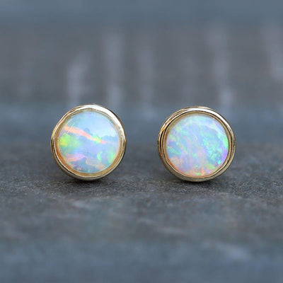 Round Opal Stud Earrings in 14k Yellow Gold