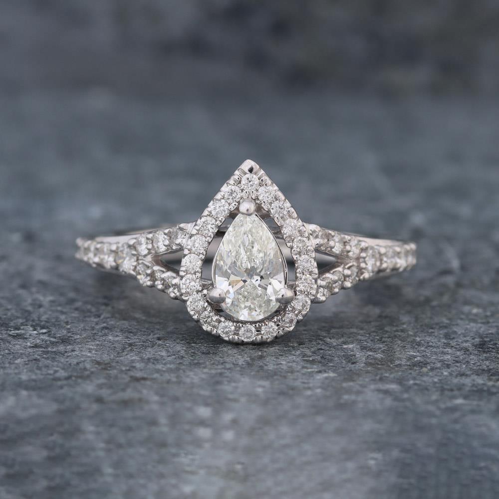 Floating Halo Pear Diamond Solitaire Ring 1.00 cttw in 14k White Gold