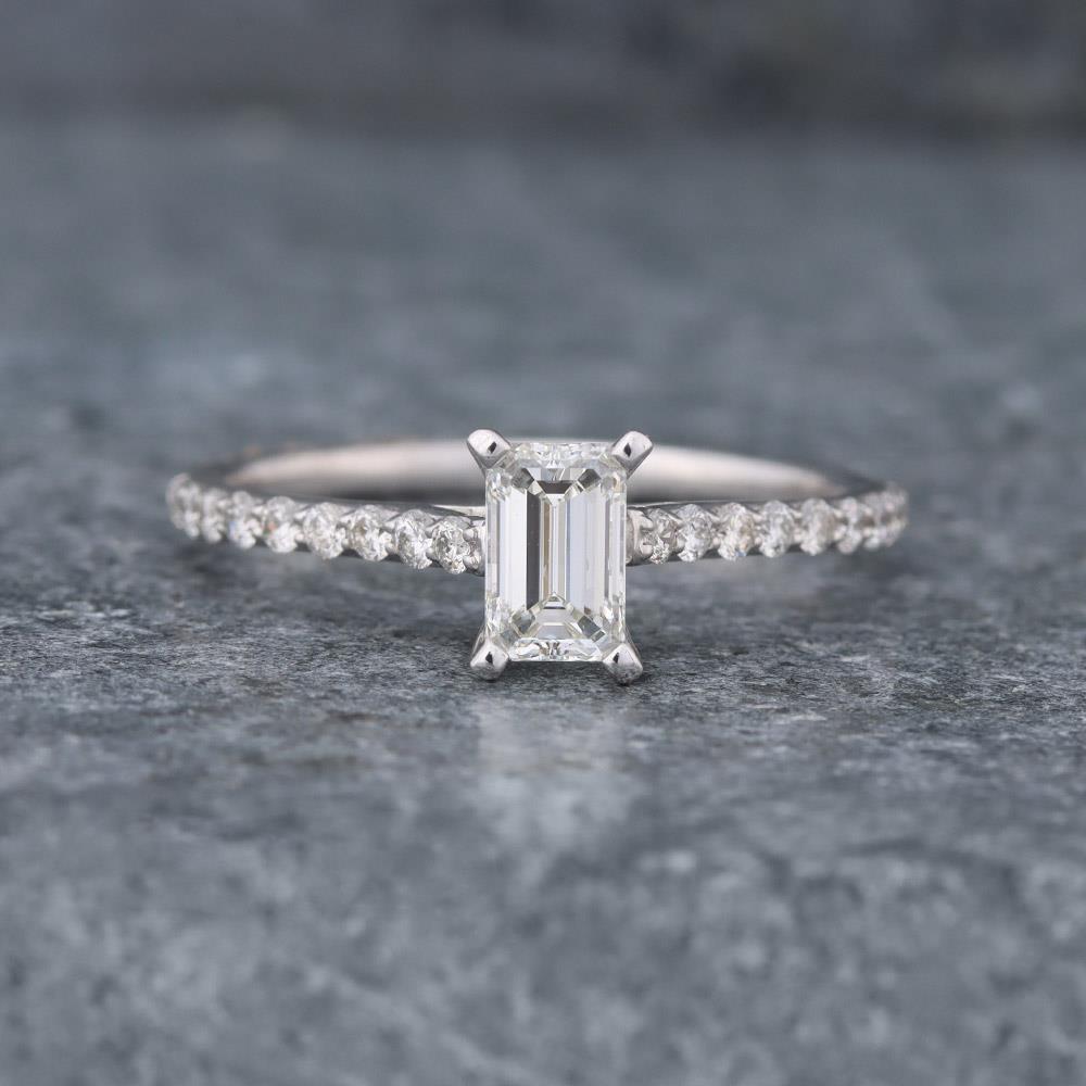 Petite Emerald Cut Diamond Engagement Ring (0.74 cttw) in 14k White Gold