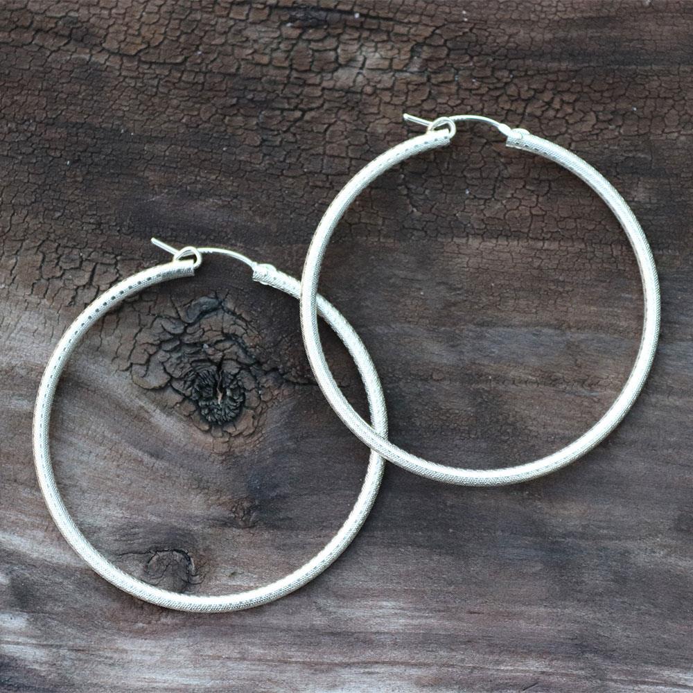 Medium Textured Hoop Earrings in Sterling Silver