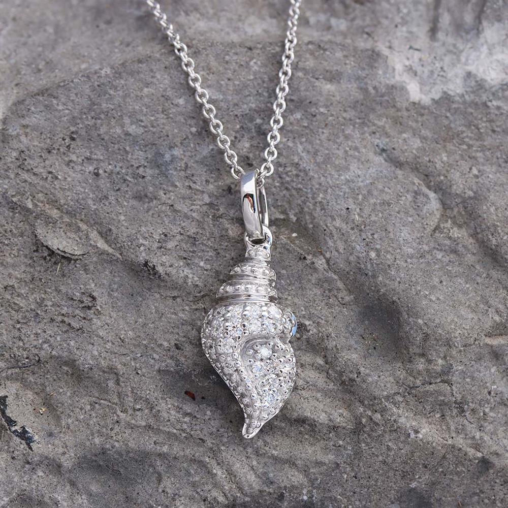 Petite Seashell Diamond Necklace in 14k White Gold