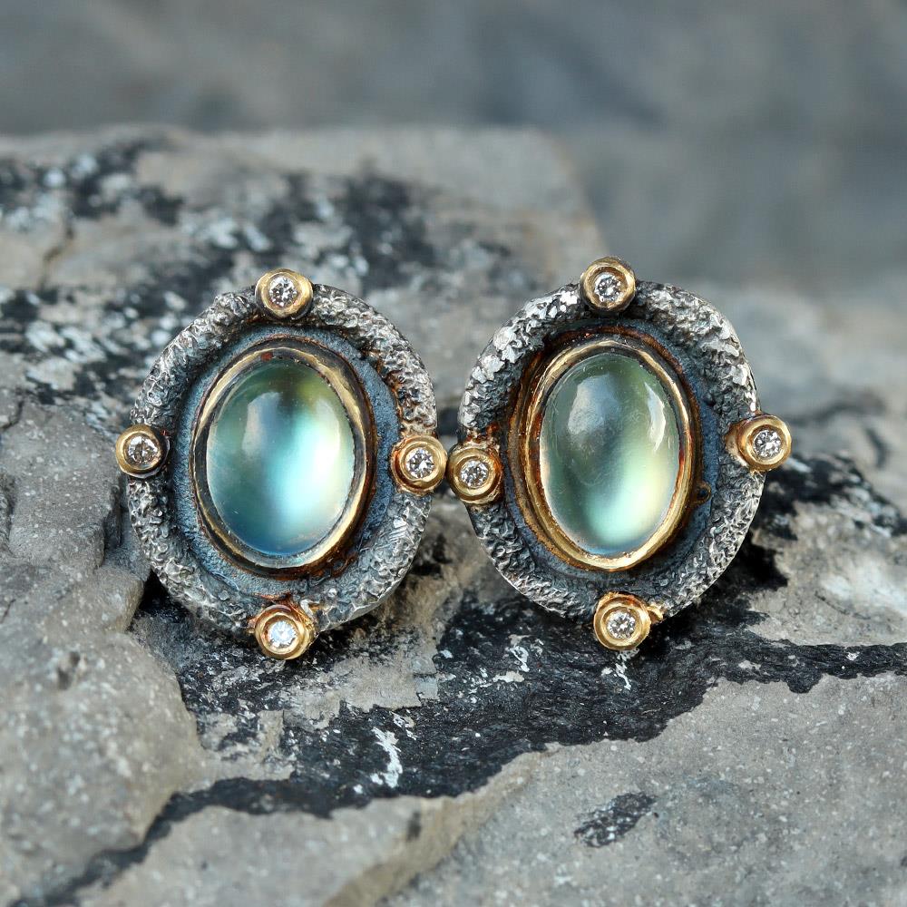 Romanesque Moonstone & Diamond Stud Earrings by Michael Jensen Designs