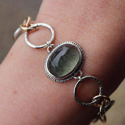 Green Tourmalinated Quartz Link Bracelet in Two Tone