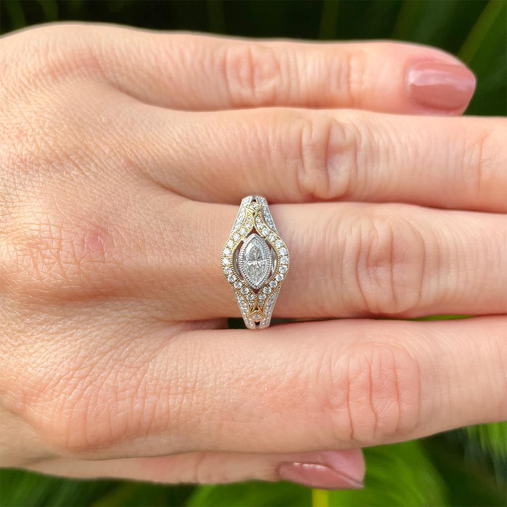 Antique Inspired Marquise Diamond Ring in 14k Two-Tone Gold