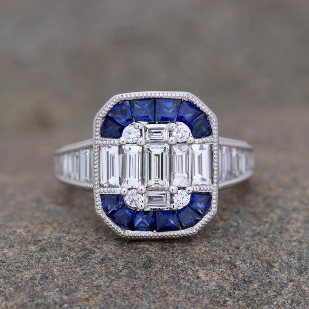 Sapphire Deco Diamond Ring in 14k White Gold