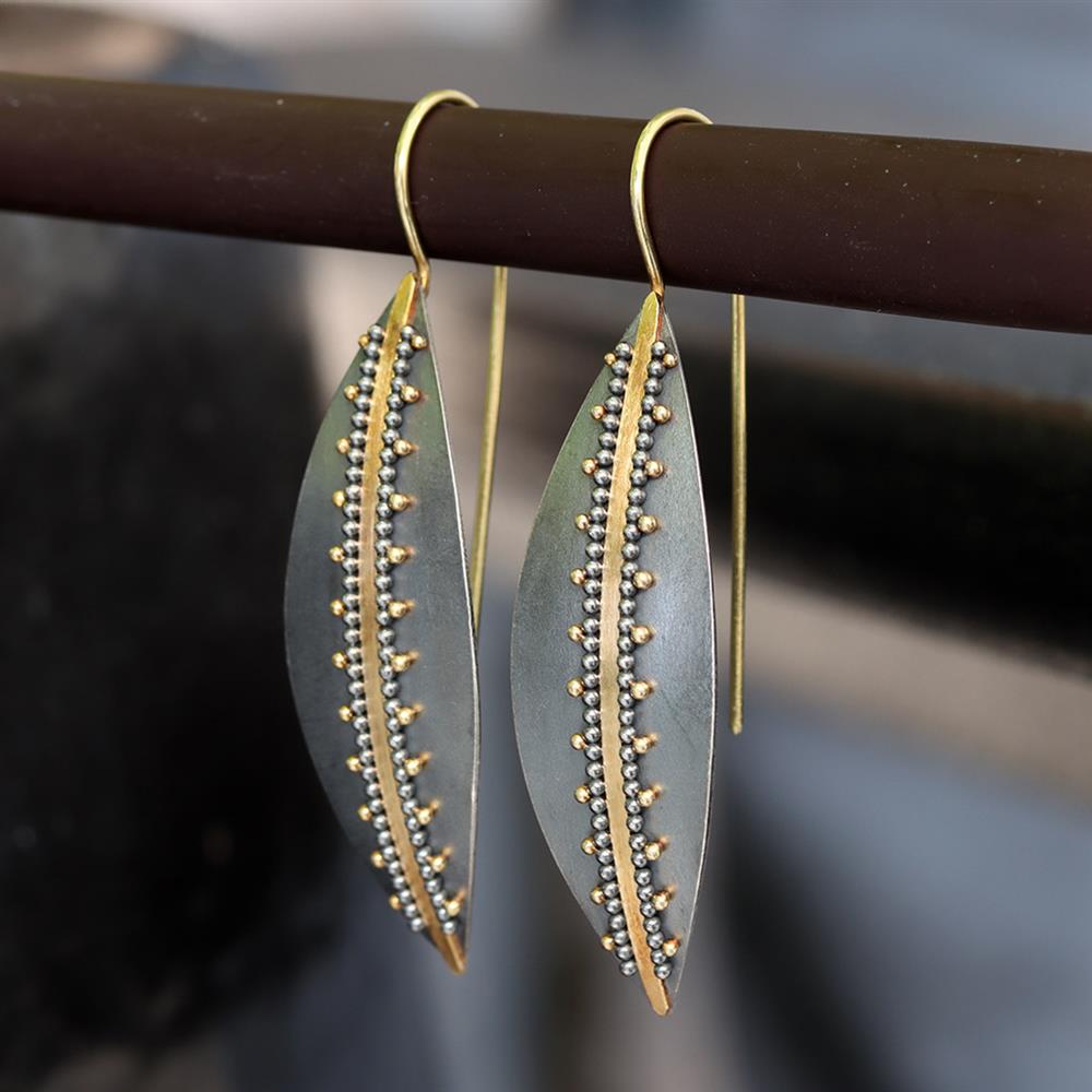 Sheila Stillman Tribal Leaf Earrings in 22k Gold & Sterling Silver