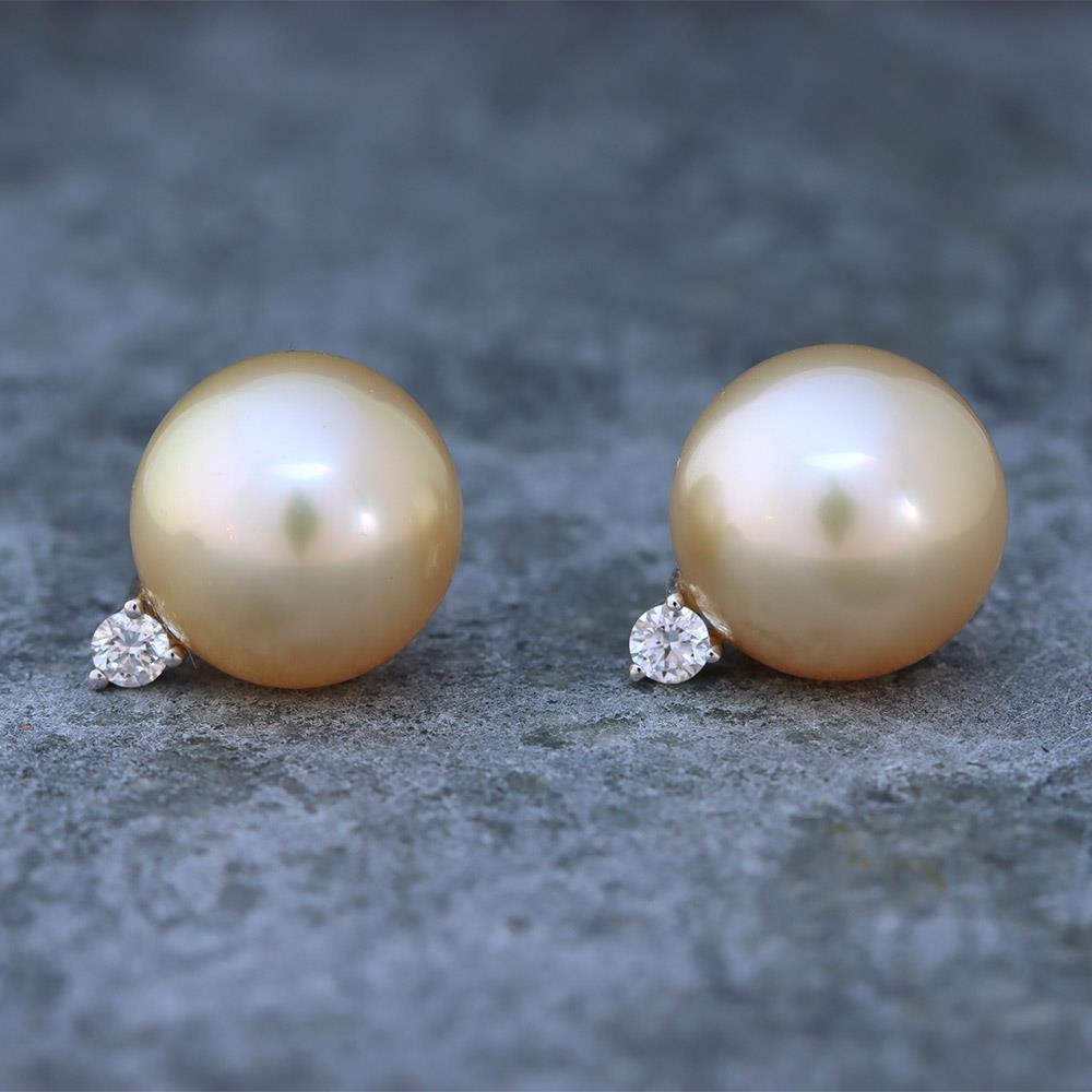 Golden South Sea Pearl & Diamond Stud Earrings