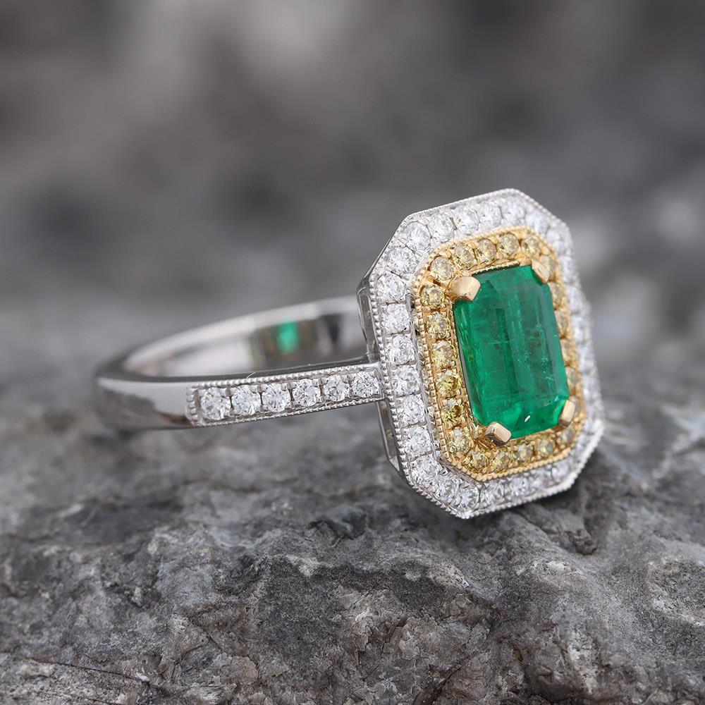 Mighty Emerald Double Diamond Halo Ring