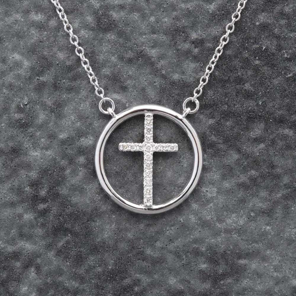 Circle Cross Diamond Necklace in 14k White Gold