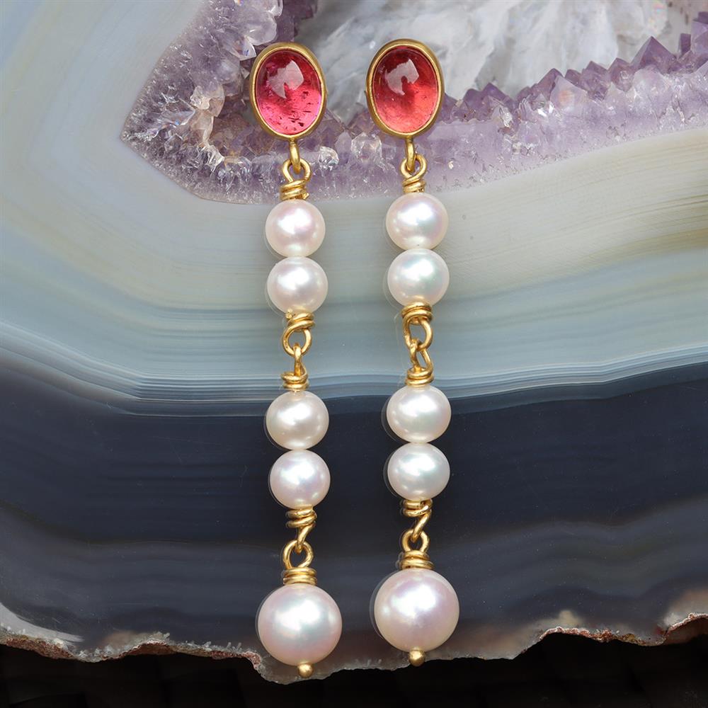 Sheila Stillman Pearl & Pink Tourmaline Drop Earrings in 22k Gold