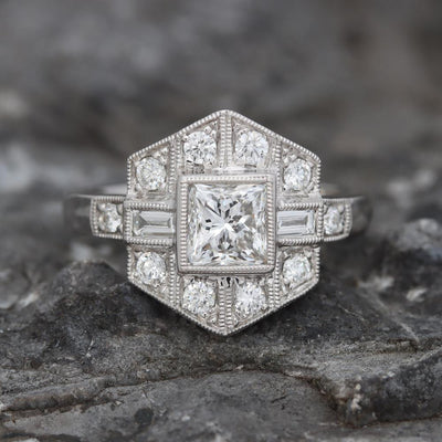 Deco Shield Diamond Ring in 14k White Gold