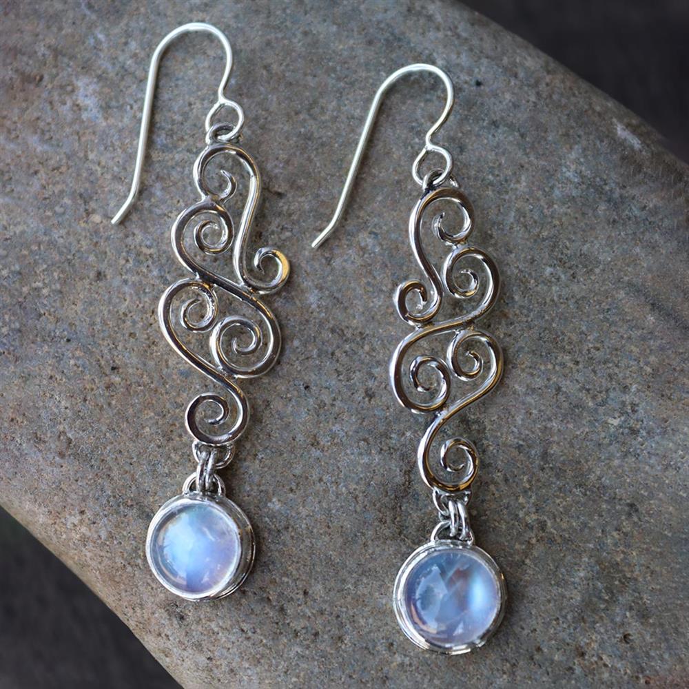 Statement Scroll Moonstone Earrings in Sterling Silver