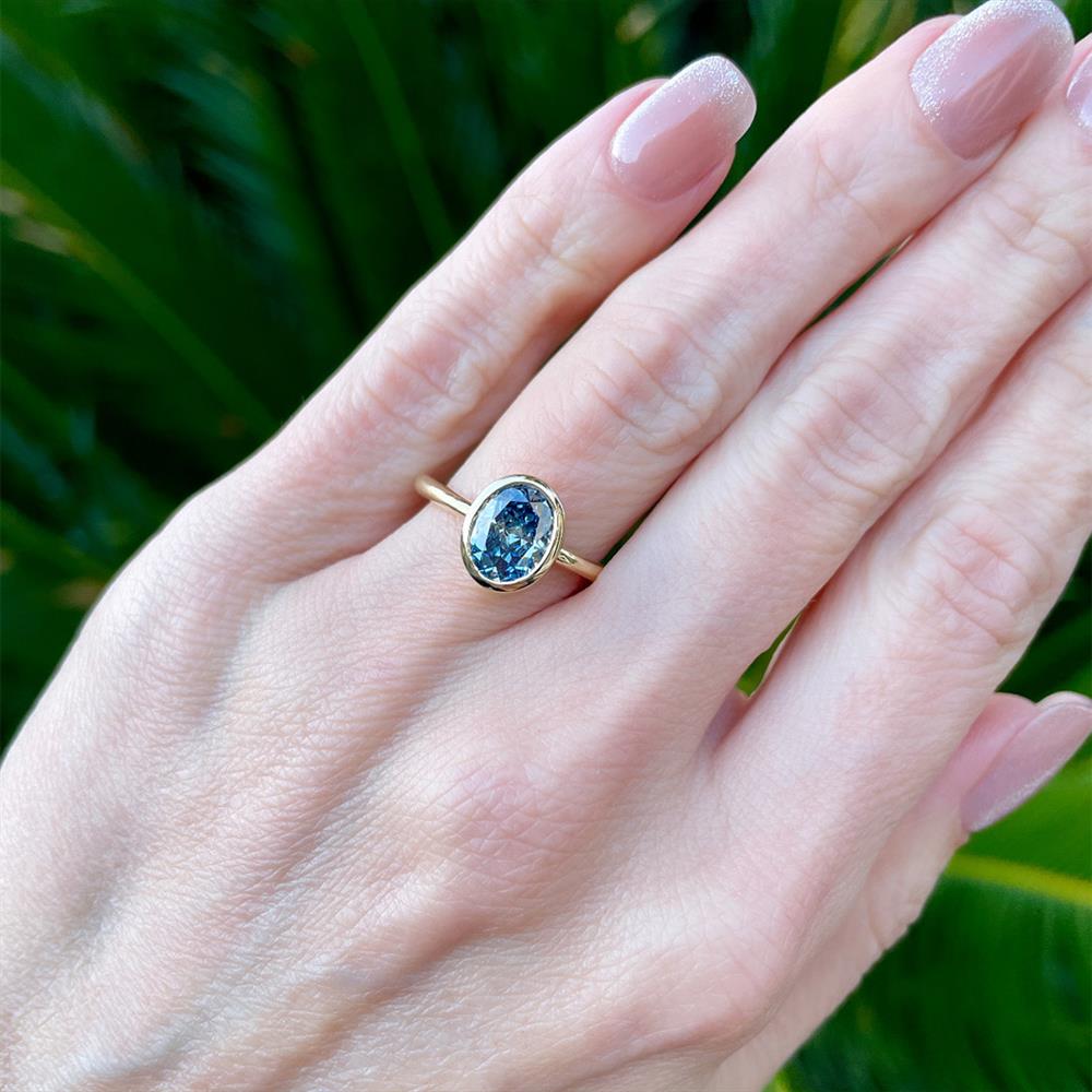 Royal Blue Lab Grown Diamond Modern Bezel Ring in 14k Yellow Gold