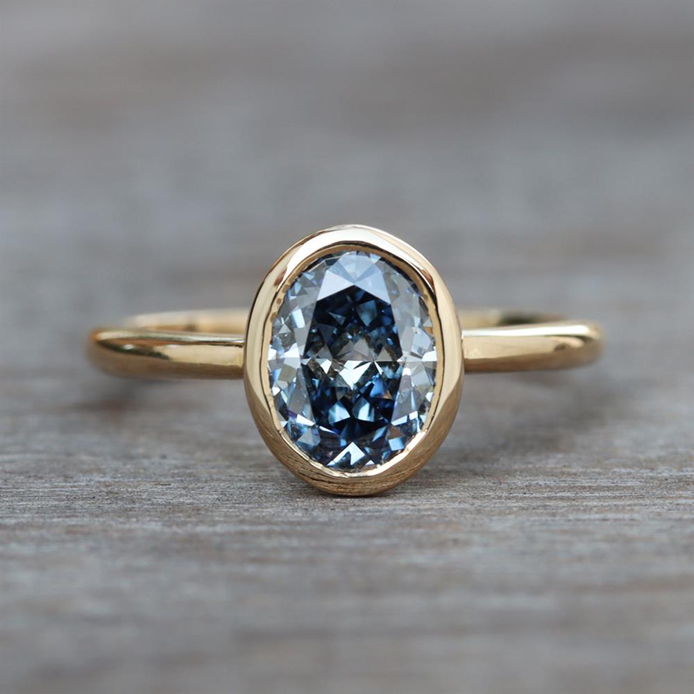 Royal Blue Lab Grown Diamond Modern Bezel Ring in 14k Yellow Gold