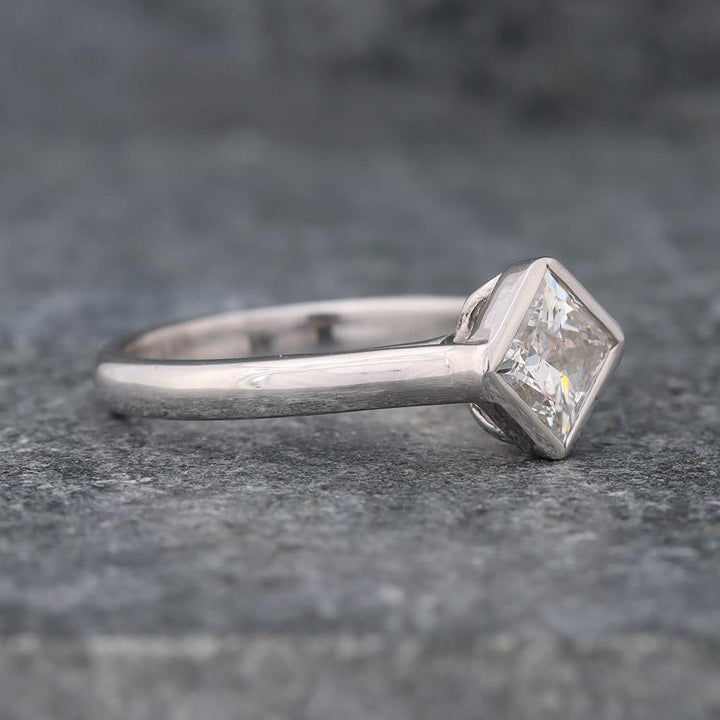 1.00 CT Princess Cut Diamond Engagement Ring, Bezel Set Ring, Solitaire Ring, V popular Shape Band, Wedding Ring, 14K Solid White Gold Princess Ring