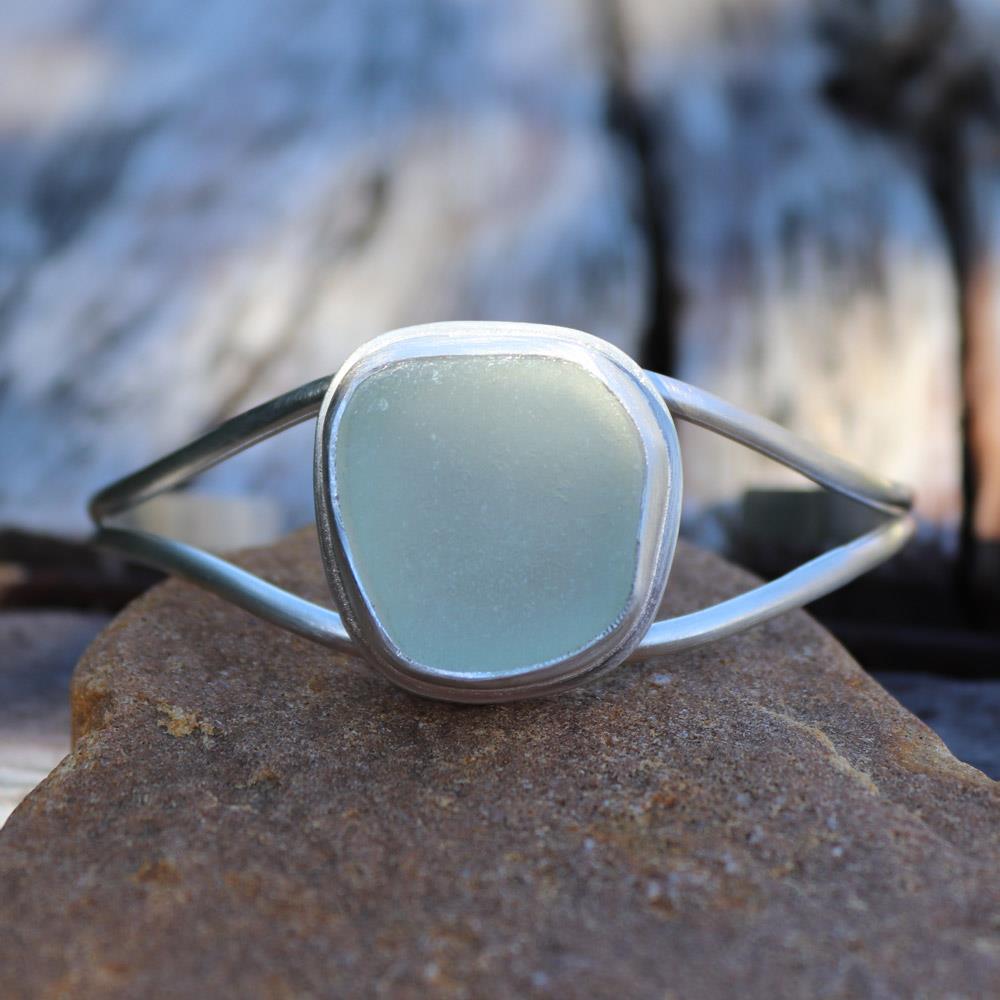 Pastel Aqua Beach Glass Cuff Bracelet in Sterling Silver