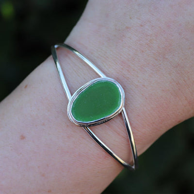 Green Beach Glass Cuff Bracelet in Sterling Silver