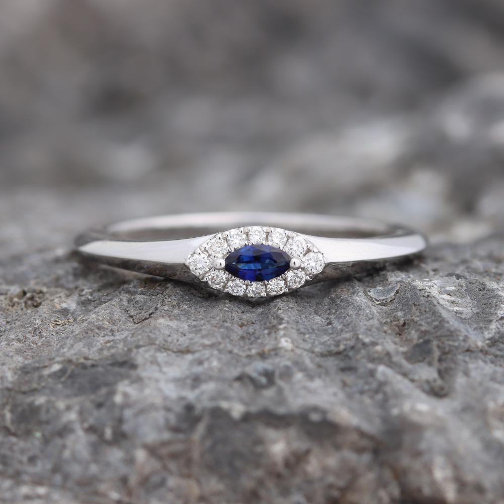Petite Marquise Sapphire & Diamond Ring in 14k White Gold