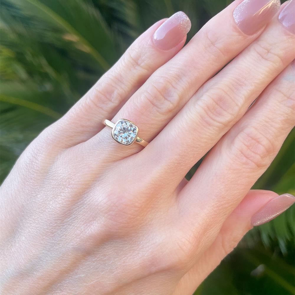 Modern Cushion 1.55ct Lab Grown Diamond Bezel Solitaire Ring in 14k Yellow Gold