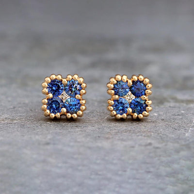 Sapphire Quatrefoil & Diamond Stud Earrings in 14k Yellow Gold