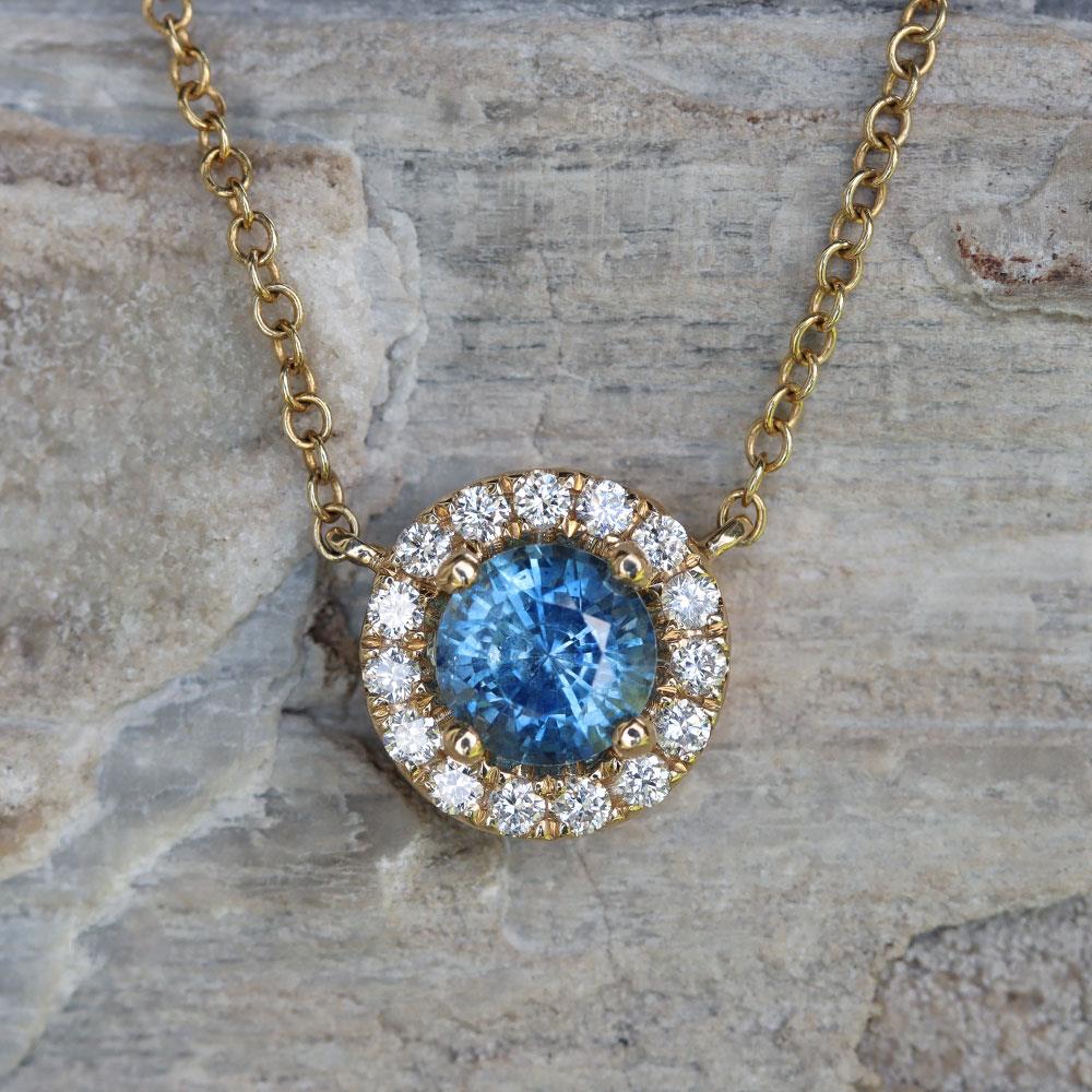 Ocean Blue Montana Sapphire Diamond Halo Necklace