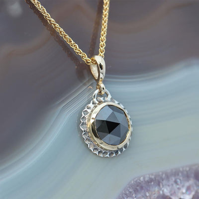 Black Diamond Burst Halo Pendant iin 18k Yellow Gold and Sterling Silver