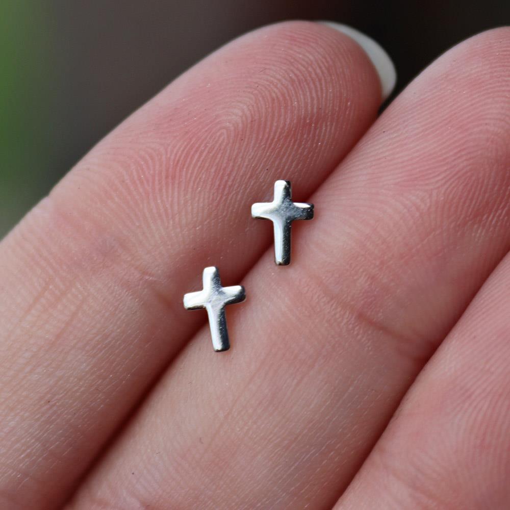 Tiny Cross Stud Earrings in Sterling Silver