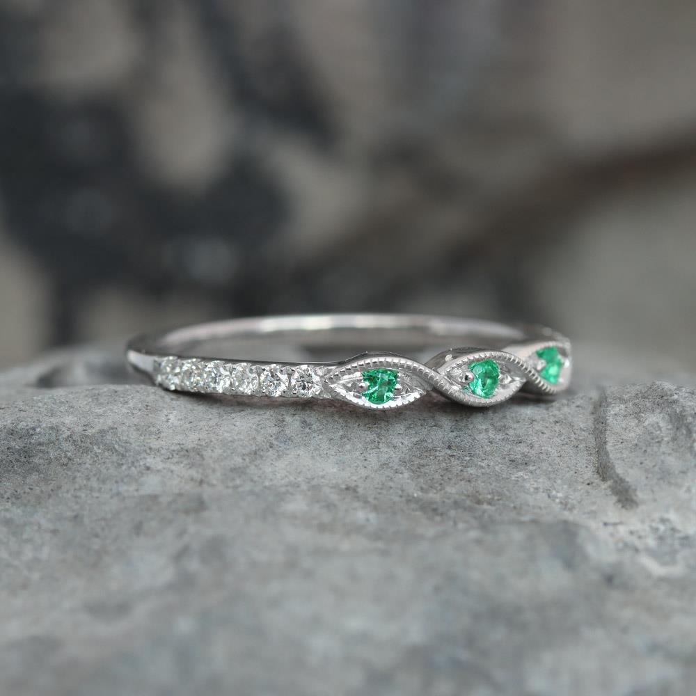 Petite Infinity Emerald and Diamond Band in 14k White Gold
