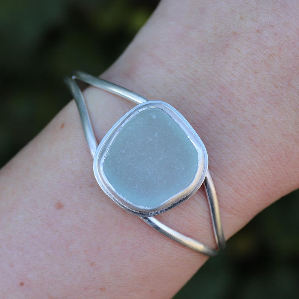 Pastel Aqua Beach Glass Cuff Bracelet in Sterling Silver