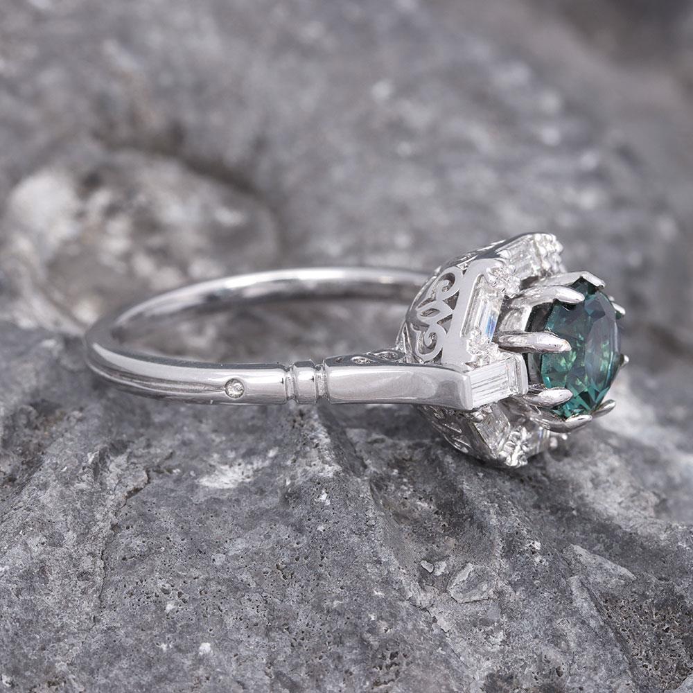 Geo Deco Color Change Sapphire & Diamond Ring in 14k White Gold