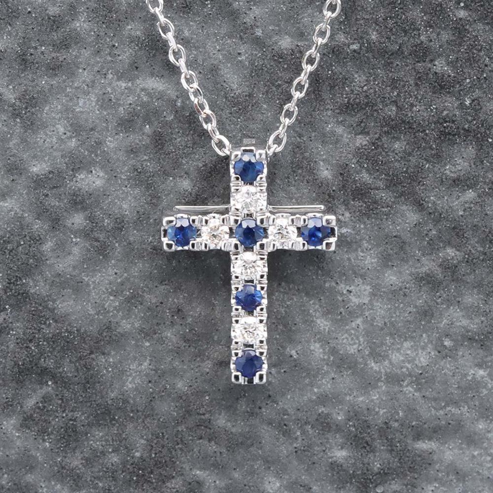 Blue Sapphire & Diamond Cross Necklace in 14k White Gold