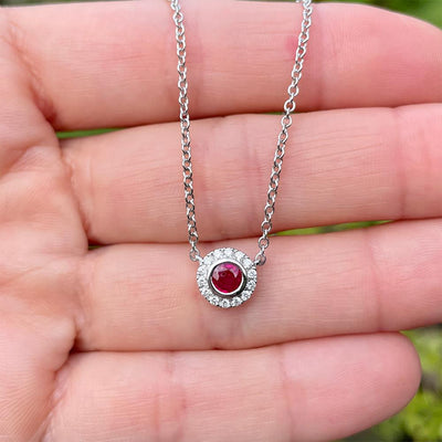 Classic Ruby Diamond Halo Necklace in 14k White Gold
