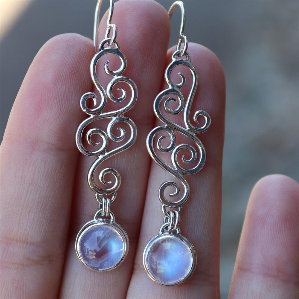 Statement Scroll Moonstone Earrings in Sterling Silver