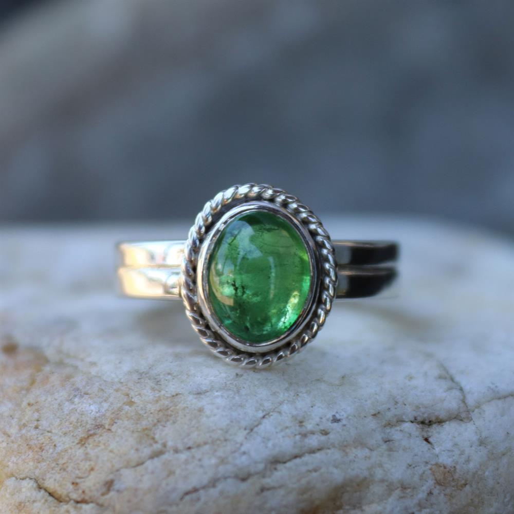 Tsavorite Garnet Twist Halo Ring in Sterling Silver