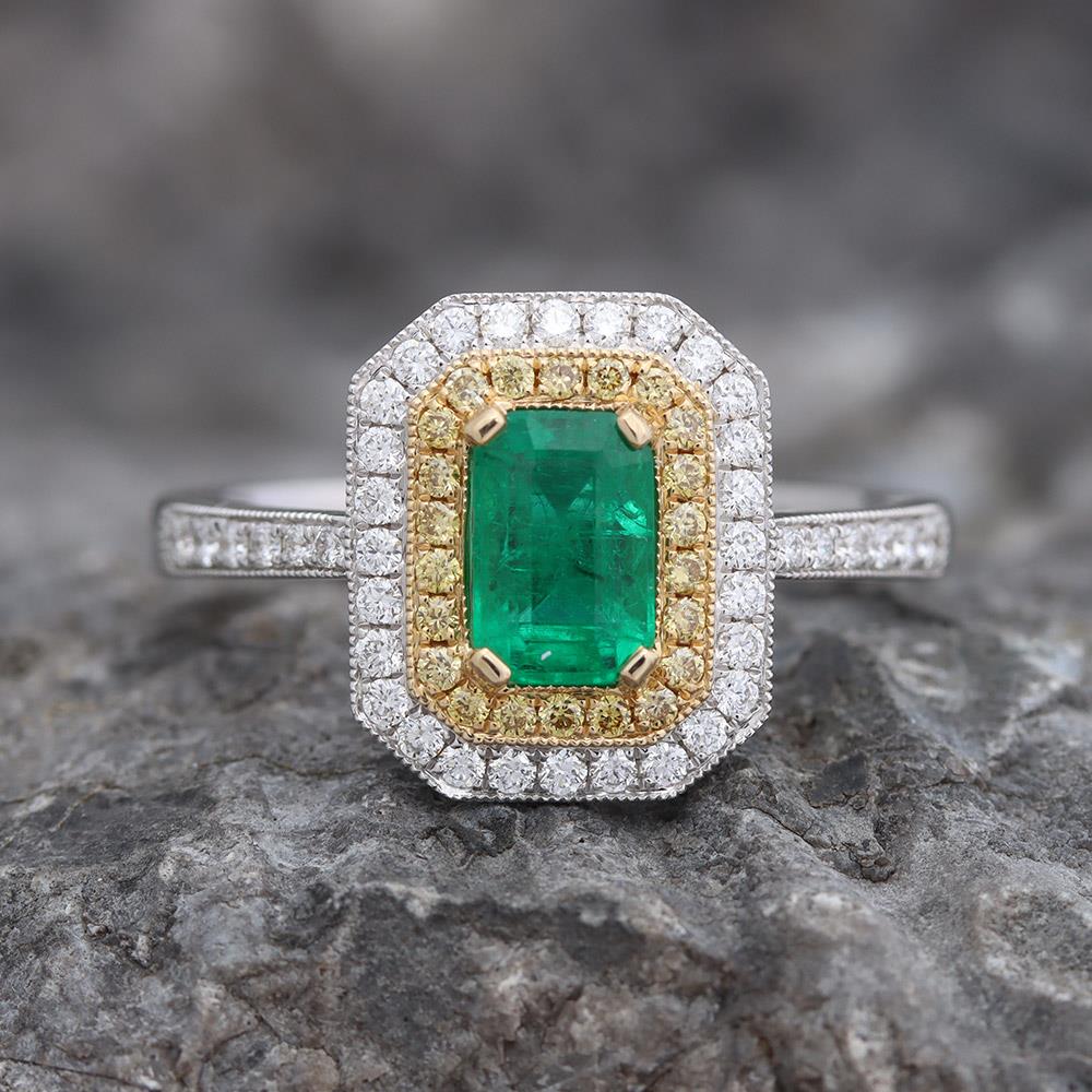 Mighty Emerald Double Diamond Halo Ring