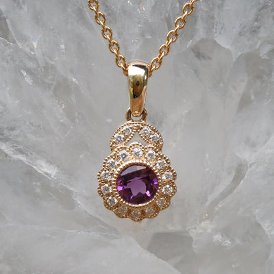 Petite Floral Amethsyt Diamond Halo Pendant