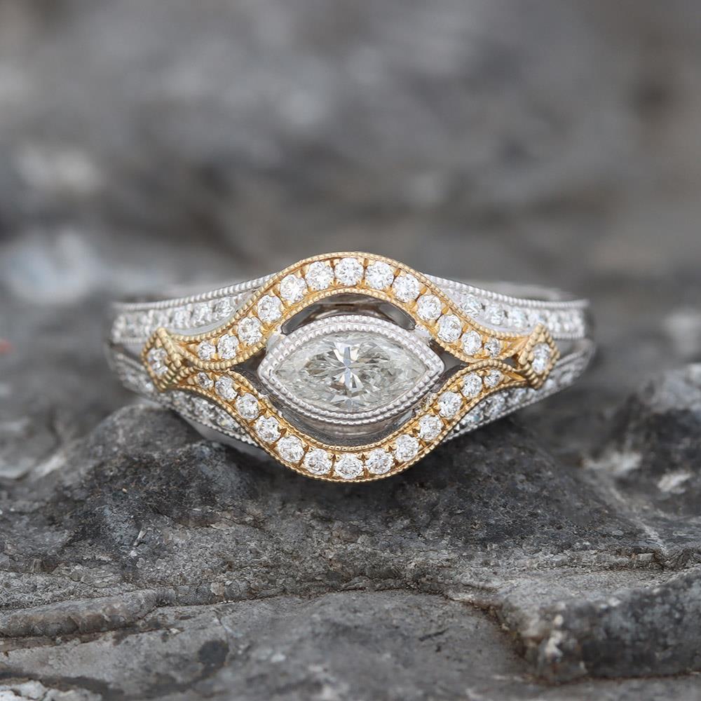 Antique Inspired Marquise Diamond Ring in 14k Two-Tone Gold