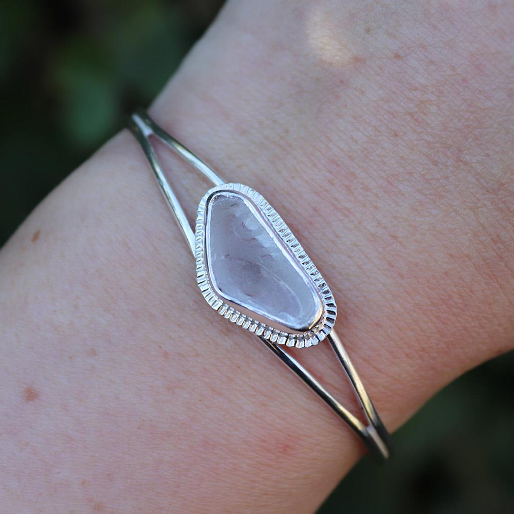 White Beach Glass Burst Halo Cuff Bracelet in Sterling Silver