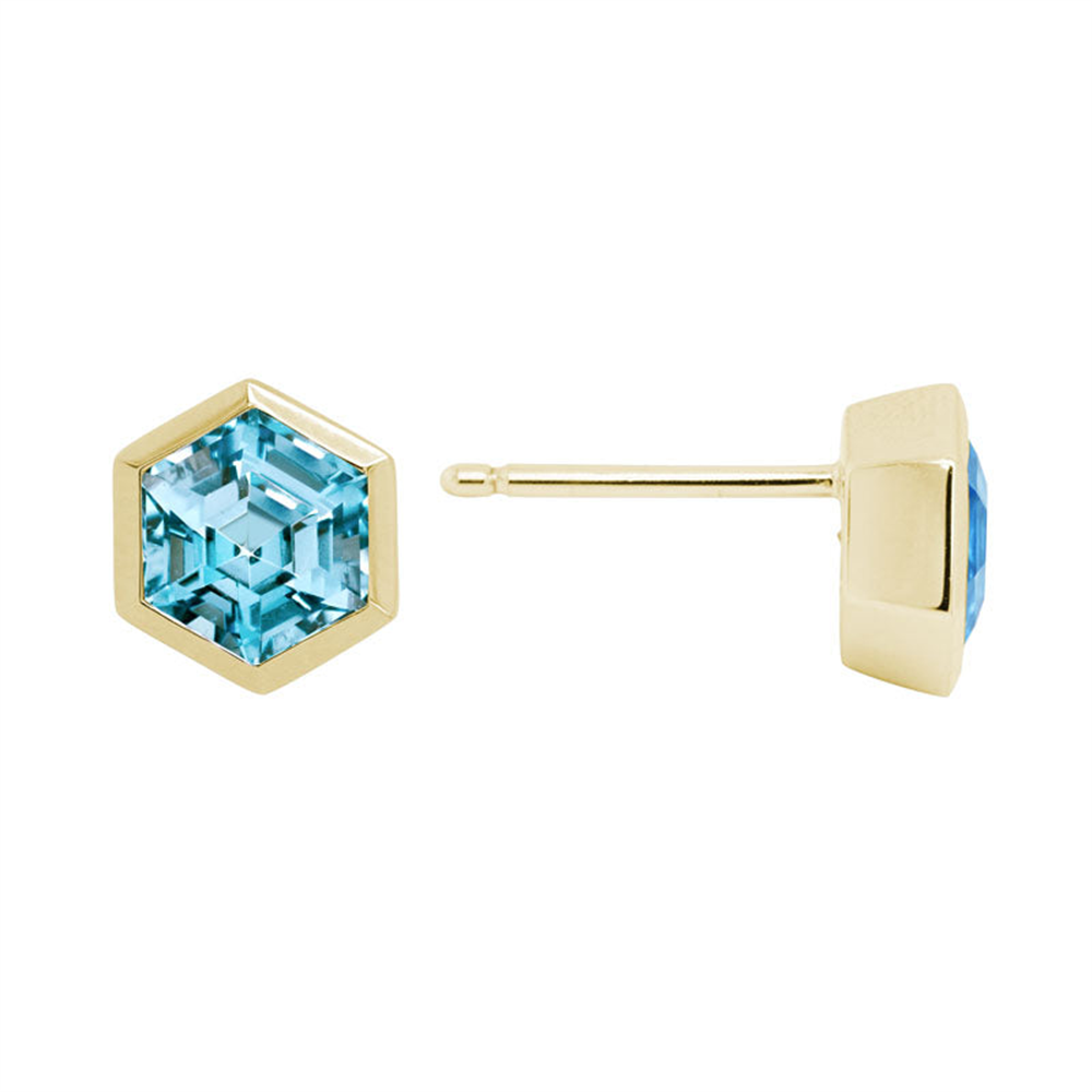 Hex Swiss Blue Topaz Stud Earrings in 14k Yellow Gold