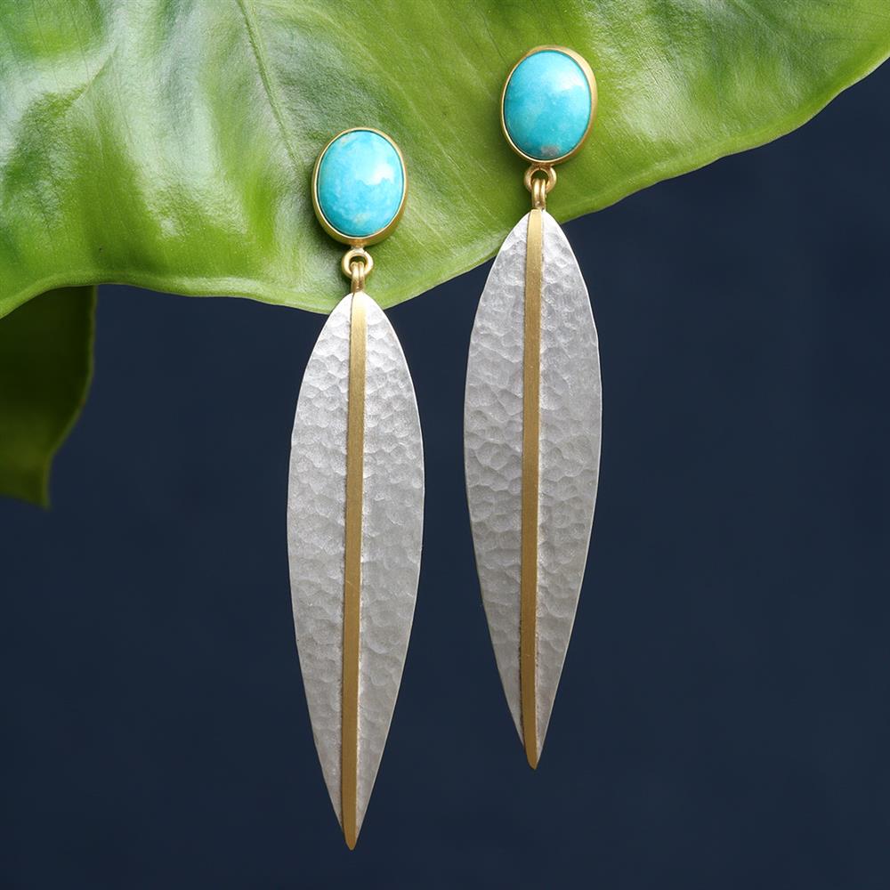 Sheila Stillman Turquoise Leaf Earrings in 22k Gold & Sterling Silver