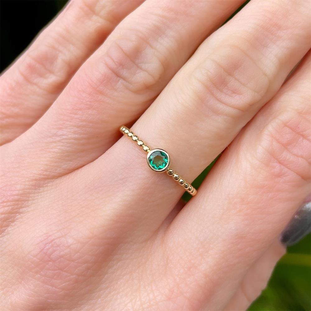 Lab Grown Emerald Beaded Stack Ring in 14k Yellow Gold